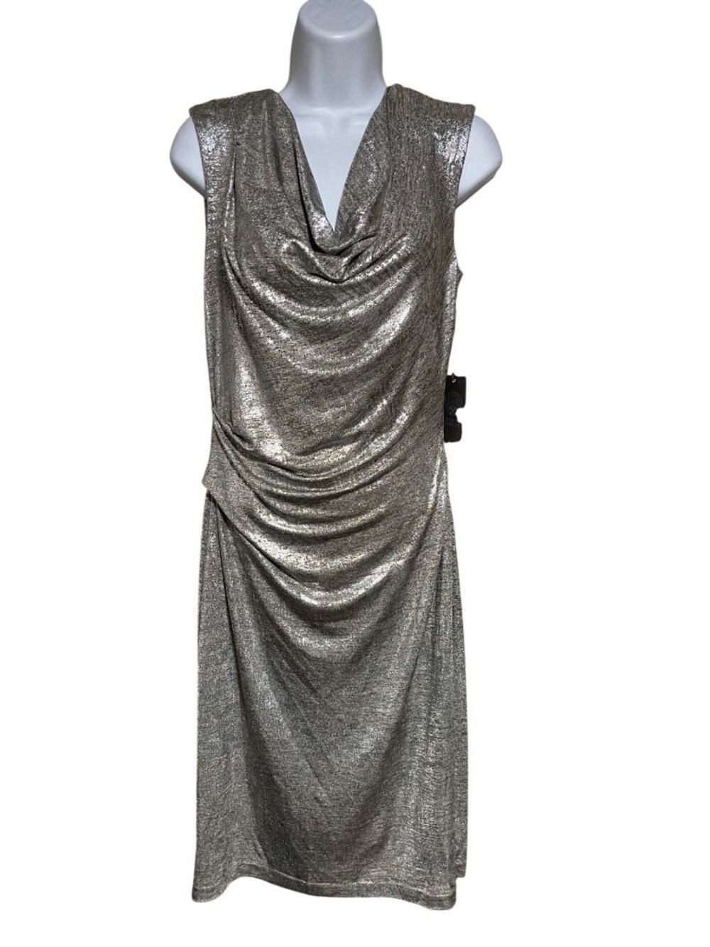 Vince Camuto Size 8 Midi Dress Silver Metallic Cowl Neck Ruched Sheath Cocktail
